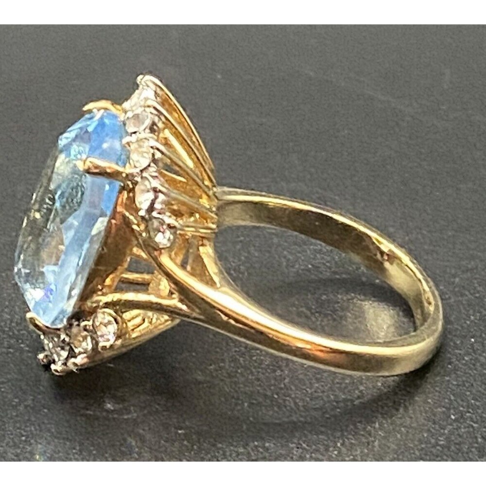 Faux Aquamarine Ring CZ 18K GE Yellow Gold Electroplate Sz 9 March BDay Cocktail - Picture 2 of 7